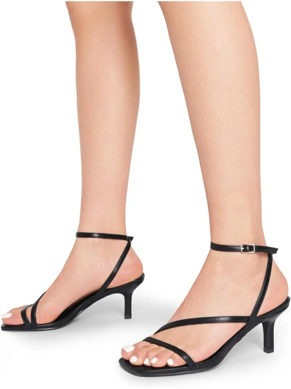 Women's Black Faux Leather Low Kitten Heels Open Square Toe Ankle Strap Sandals